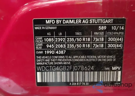 2015 Mercedes-Benz Gla 250 4Matic из США, поврежденный, VIN WDCTG4GB2FJ078624